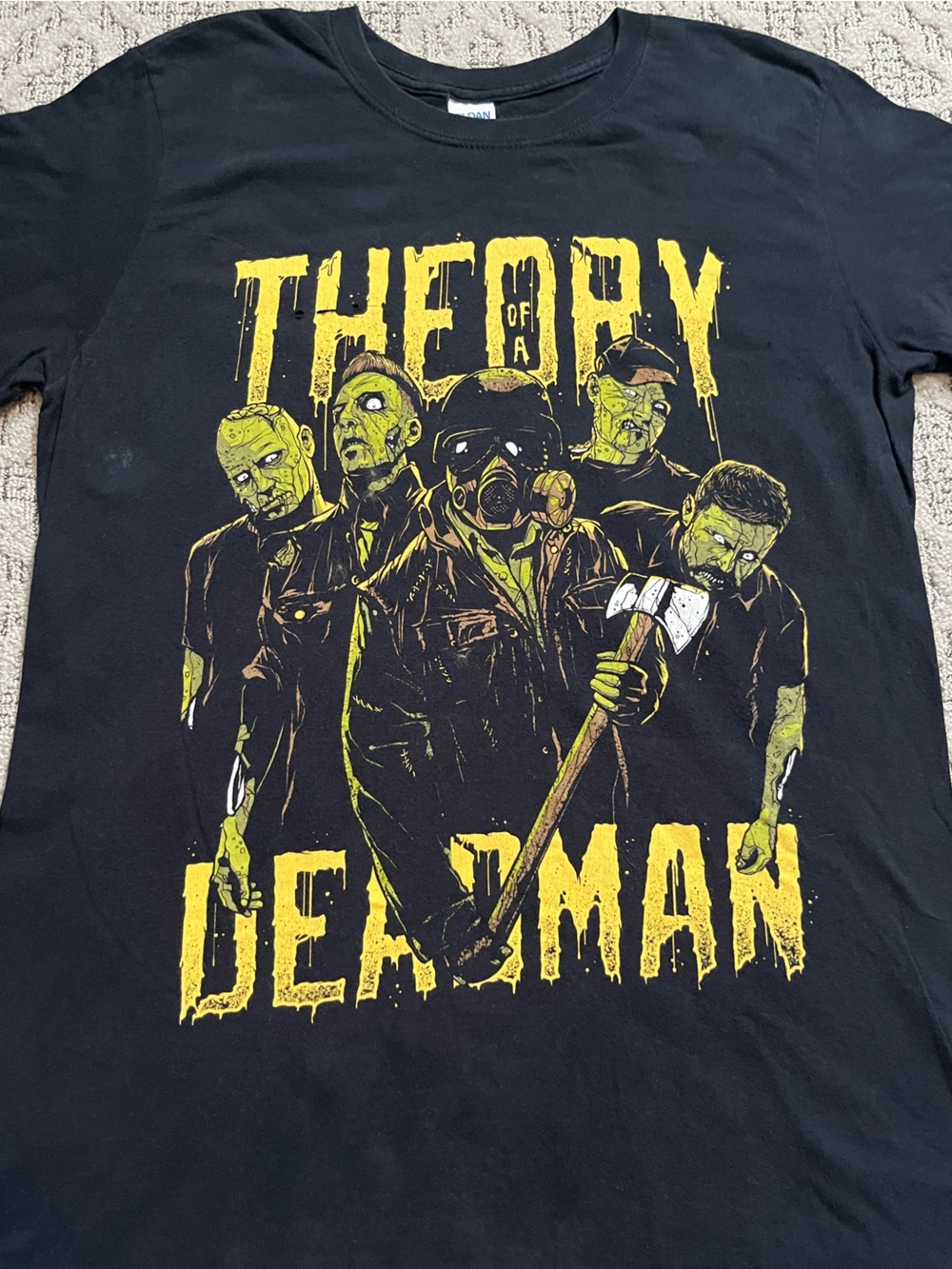 🎸 '21 Theory Of A Deadman Zombies Gas Mask Acid Yellow Text Tee